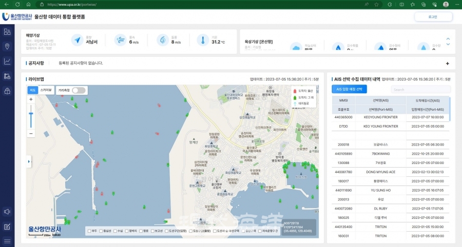울산항 '항만 데이터 통합 플랫폼' AIS 지도 기반 서비스 화면